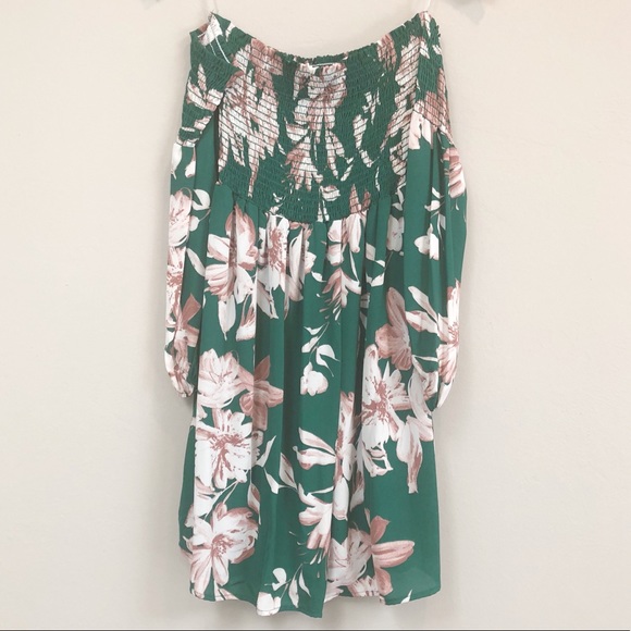 LAST 1: Green Floral Boho Off Shoulder Dress - Picture 3 of 5